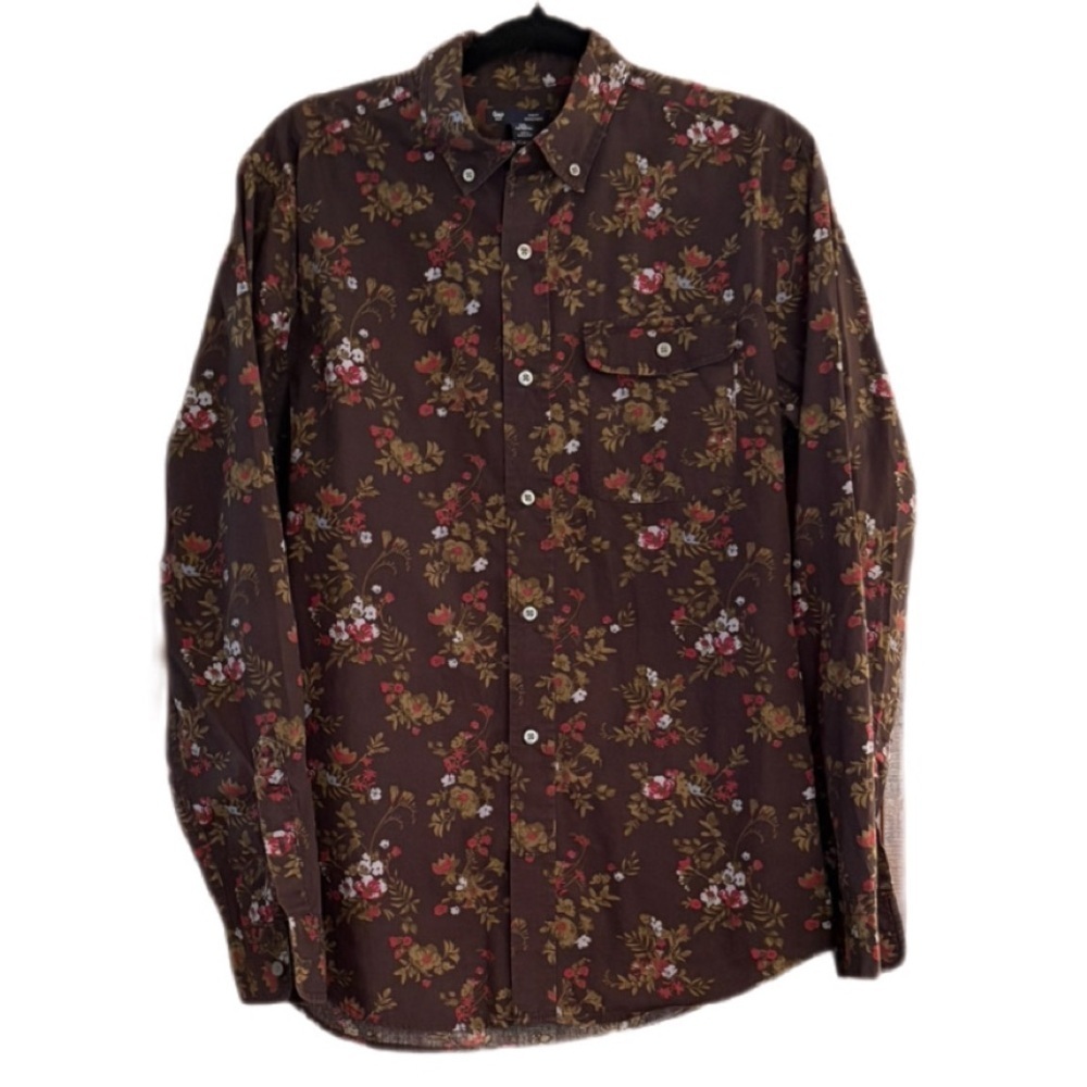 GAP Slim Fit 100% Cotton Brown Floral Button Front Long Sleeve Shirt Size Med